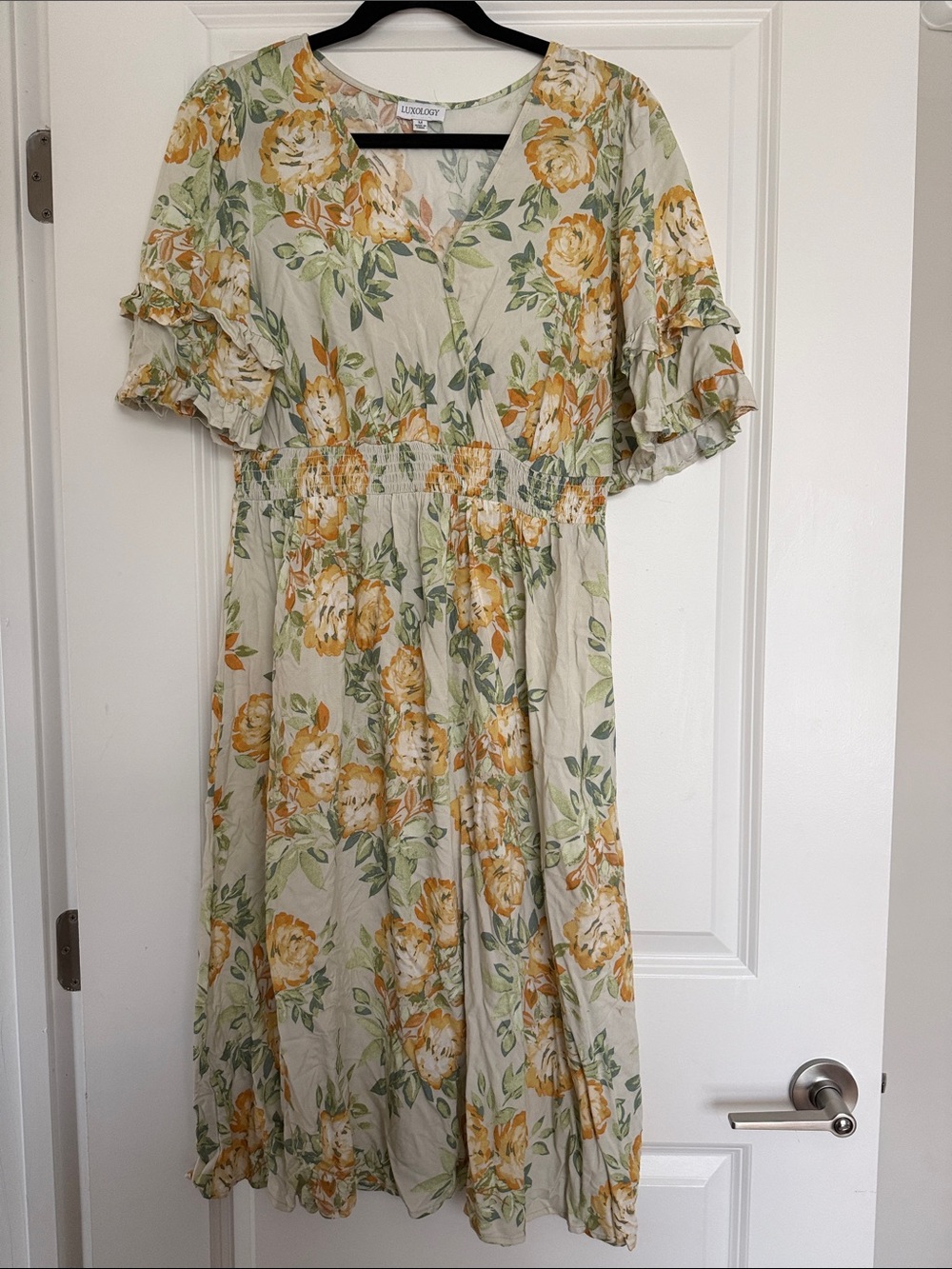 Luxology Cream Midi Dress with Yellow Floral Print